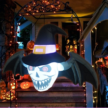 Load image into Gallery viewer, 4-Foot Halloween Inflatable Decoration Hanging Skull Head with Bat Wing Witch Hat Built-in with LED Light, Indoor/Outdoor, Yard, Garden, Lawn Halloween Blow Up Party Décor
