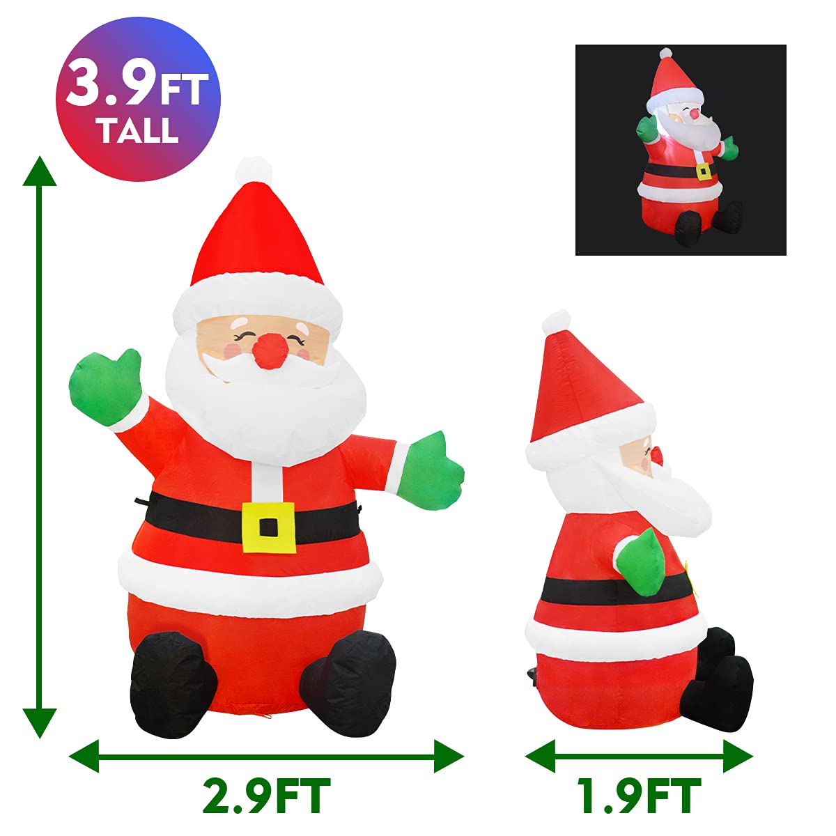 GOOSH 4 FT Christmas Inflatable Outdoor Sitting Cute Smiley Santa Claus with Built-in LED Light, Blow-up Yard Christmas Decoration for Party/Indoor/Outdoor/Yard/Garden/Lawn