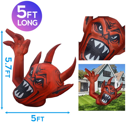 GOOSH 5 Foot Length Halloween Inflatables Halloween Red Devil Raise Hands with Build-in LED Light Blow Up Inflatables for Halloween Party Indoor Outdoor Tree Yard Garden Lawn Decorations