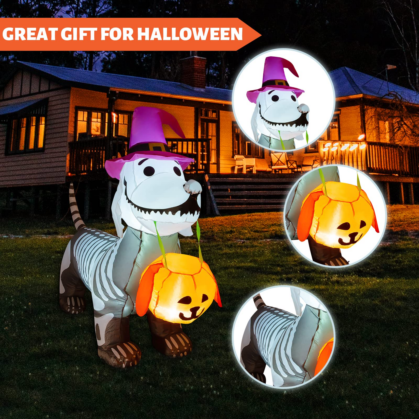 GOOSH 5Ft Halloween Inflatables Outdoor Decorations Skeleton Puppy Inflatable Yard Decoration with Build-in LEDs Blow Up Pumpkin for Halloween Party Indoor Outdoor Yard Garden