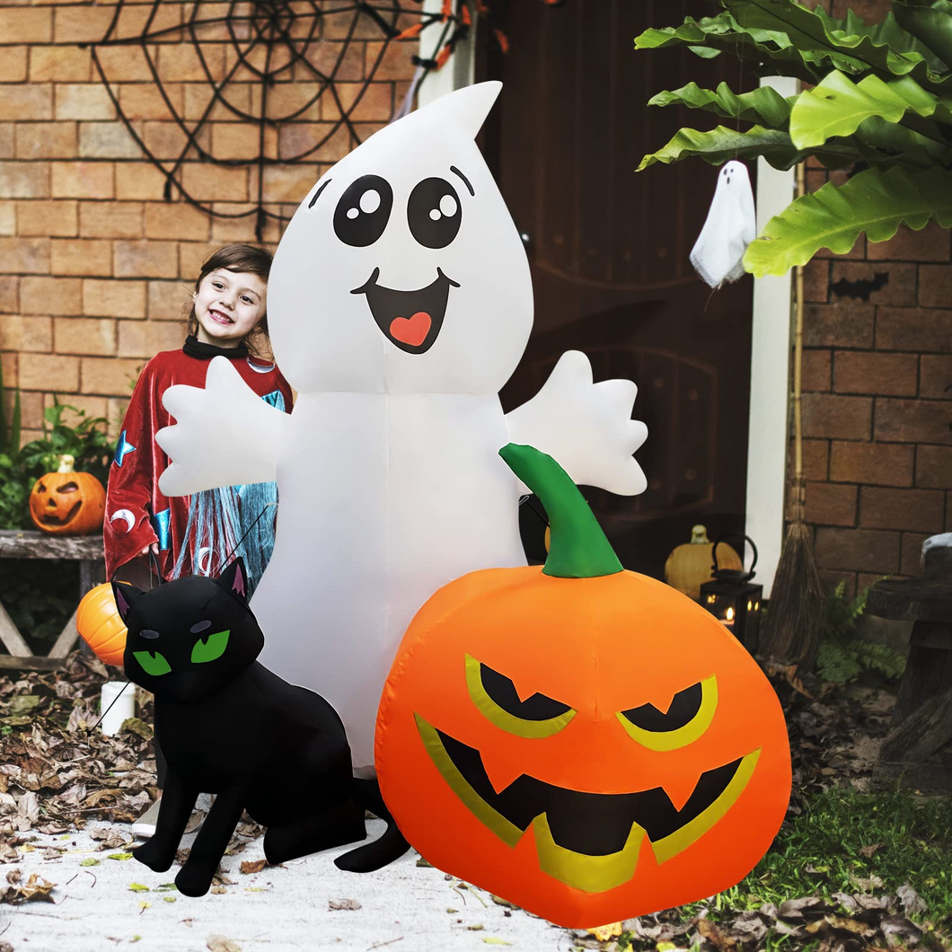 Halloween Inflatable 5FT Ghost with Black Cat and Pumpkin with Built-in LEDs Blow Up Yard Decoration for Holiday Party Indoor, Outdoor, Yard, Garden, Lawn