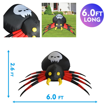 GOOSH 6 FT Width Halloween Inflatable Outdoor Spider with Magic Light, Blow Up Yard Decoration Clearance with LED Lights Built-in for Holiday/Party/Yard/Garden