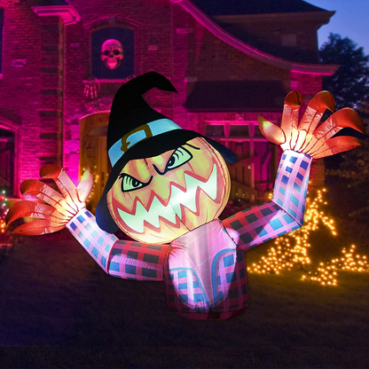 GOOSH 5.5 FT Height Halloween Inflatables Pumpkin Ghost with Witch Wizard hat, Blow Up Yard Clearance Decoration with Built-in LED Lights for Indoor/Outdoor Holiday/Party/Yard/Garden
