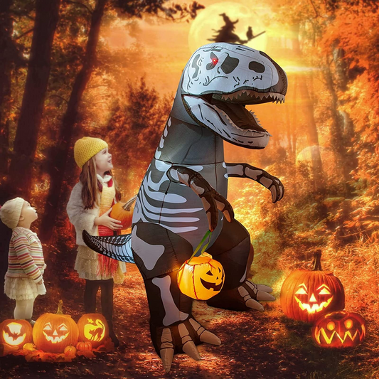 GOOSH 6.5 FT Inflatable Skeleton Dinosaur with Build-in LEDs T-Rex Holding Pumpkin for Halloween Yard Decor Indoor Outdoor Yard Lawn Decorations