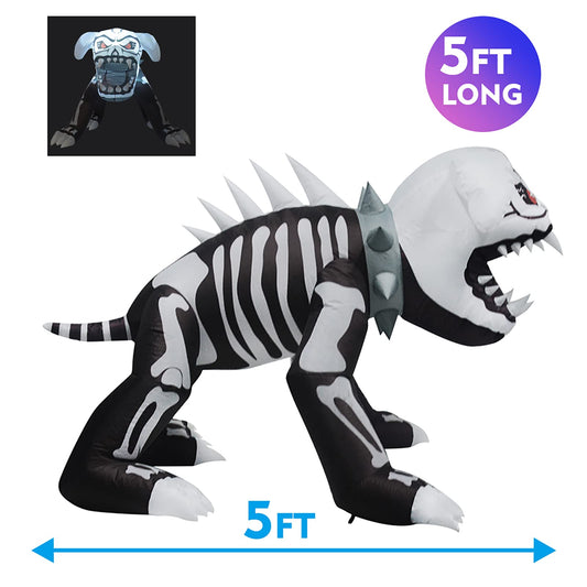 GOOSH 5 Feet Length Halloween Inflatable Puppy Skeleton Dog with Built-in Flashing Red F5 Lights, Blow Up Yard Decoration Clearance with LED Lights Built-in for Holiday/Party/Yard/Garden