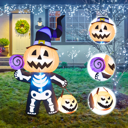 GOOSH 6 FT Height Halloween Inflatable Outdoor Pumpkin with Skull Body, Blow Up Yard Decoration Clearance with LED Lights Built-in for Holiday/Party/Yard/Garden