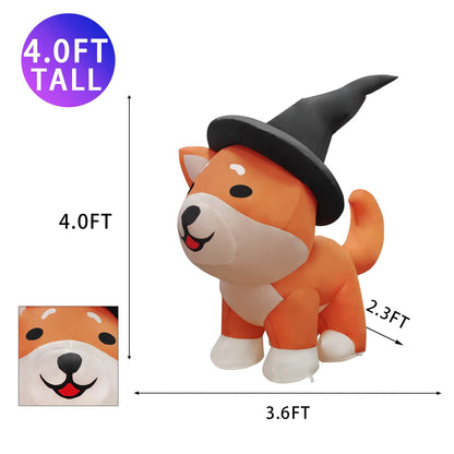 GOOSH 4 FT Halloween Inflatables Dog Outdoor Decorations Blow Up Yard Wizard Shiba Inu Dog with Built-in LEDs for Indoor Party Garden Lawn Decor