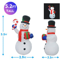 Load image into Gallery viewer, GOOSH 5.2 FT Height Christmas Inflatables Outdoor Snowman with Black Hat &amp; Candy Cane Gift Box, Blow Up Yard Decoration Clearance with LED Lights Built-in for Holiday/Christmas/Party/Yard/Garden
