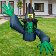 Load image into Gallery viewer, GOOSH 5 FT Height Halloween Inflatables Green Face Witch with Wizard hat, Blow Up Yard Decoration Clearance with LED Lights Built-in for Holiday/Party/Yard/Garden
