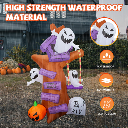 GOOSH 8 FT Height Halloween Inflatables Outdoor Ghost Tree with Ghost Pumpkin & Tombstone, Blow Up Yard Decoration Clearance with LED Lights Built-in for Holiday/Christmas/Party/Yard/Garden