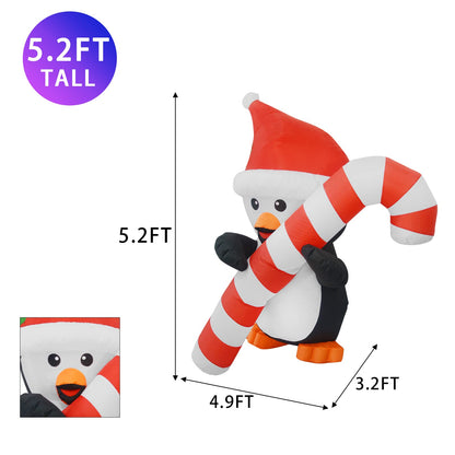 5FT Christmas Inflatables Penguin Holding Candy Cane with Bright LED Light Yard Decoration, Chirstmas Inflatables Decoration Clearance for Xmas Party,Indoor,Outdoor,Garden,Yard Lawn