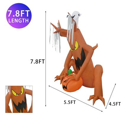 8-Foot Halloween Inflatable Decoration Giant Sitting Monster Tree Holding Pumpkin with Ghost on Top Built-in LED Light, Indoor/Outdoor, Yard, Garden, Patio, Lawn Halloween Blow Up Decor