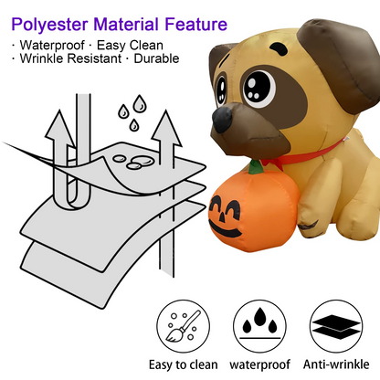 GOOSH 5 FT Halloween Inflatables Dog Outdoor Yard Decorations Blow Up Pug Holding Pumpkin with Built-in LEDs for Indoor Party Garden Lawn Decor