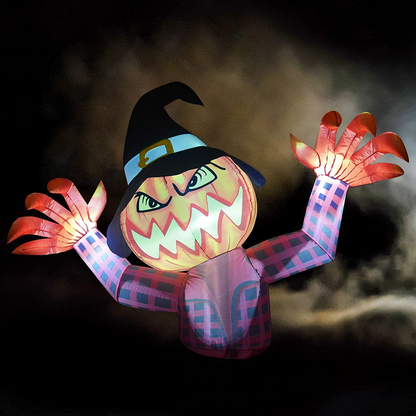 GOOSH 5.5 FT Height Halloween Inflatables Pumpkin Ghost with Witch Wizard hat, Blow Up Yard Clearance Decoration with Built-in LED Lights for Indoor/Outdoor Holiday/Party/Yard/Garden