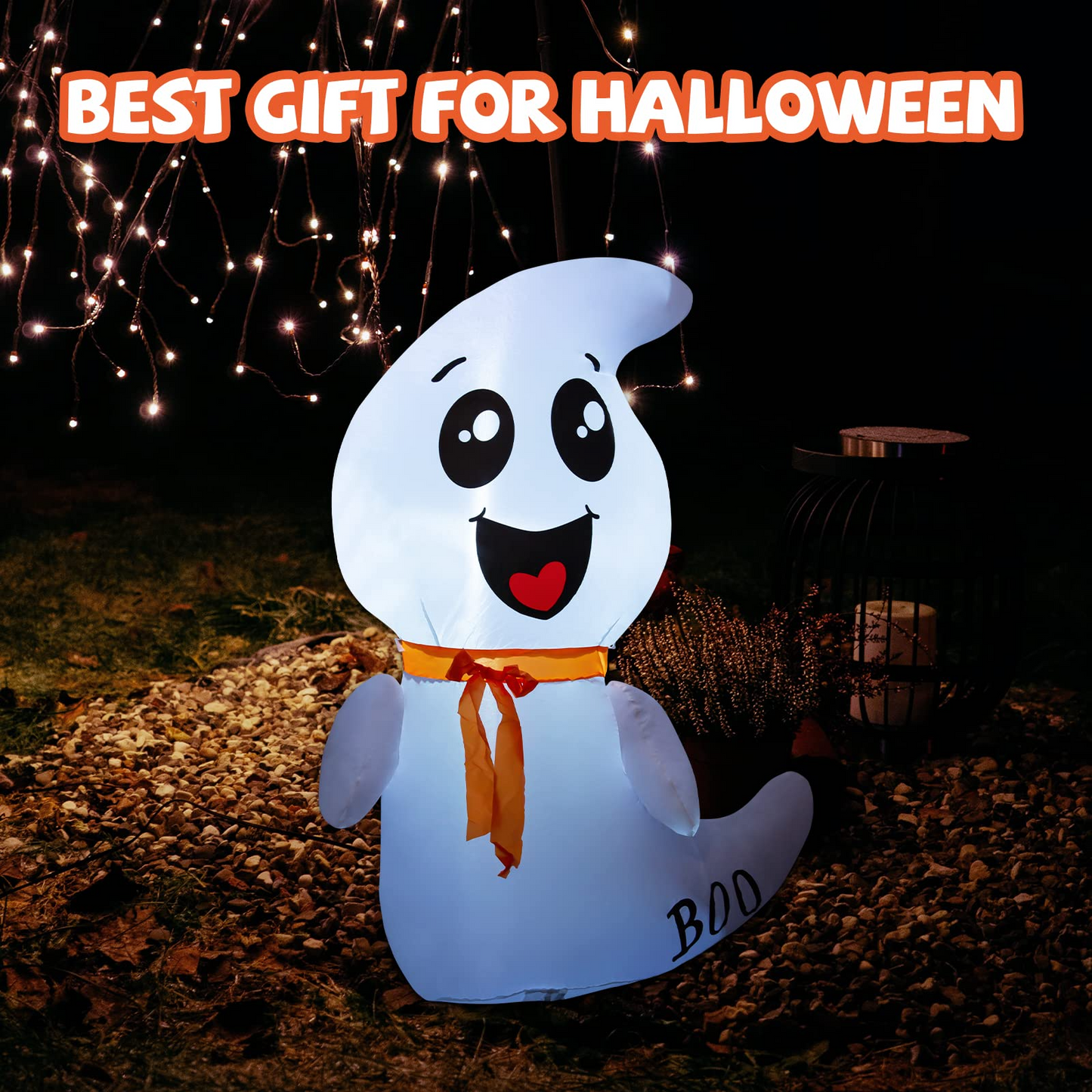 GOOSH 4 FT Halloween Inflatable Outdoor White Cute Ghost with Build-in LEDs Blow Up Inflatables for Halloween Party Indoor Outdoor Yard Garden Lawn Decorations