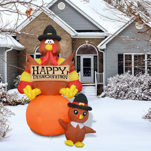 Load image into Gallery viewer, GOOSH 6 FT Thanksgiving Inflatables Turkey Outdoor Decorations Blow Up Yard Turkey on Pumpkin with Turkey Baby with Built-in LEDs for Indoor Party Garden Lawn Decor
