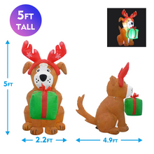 Load image into Gallery viewer, GOOSH 5 FT Height Christmas Inflatables Outdoor Puppy Dangling Gift Box, Blow Up Yard Decoration Clearance with LED Lights Built-in for Holiday/Christmas/Party/Yard/Garden
