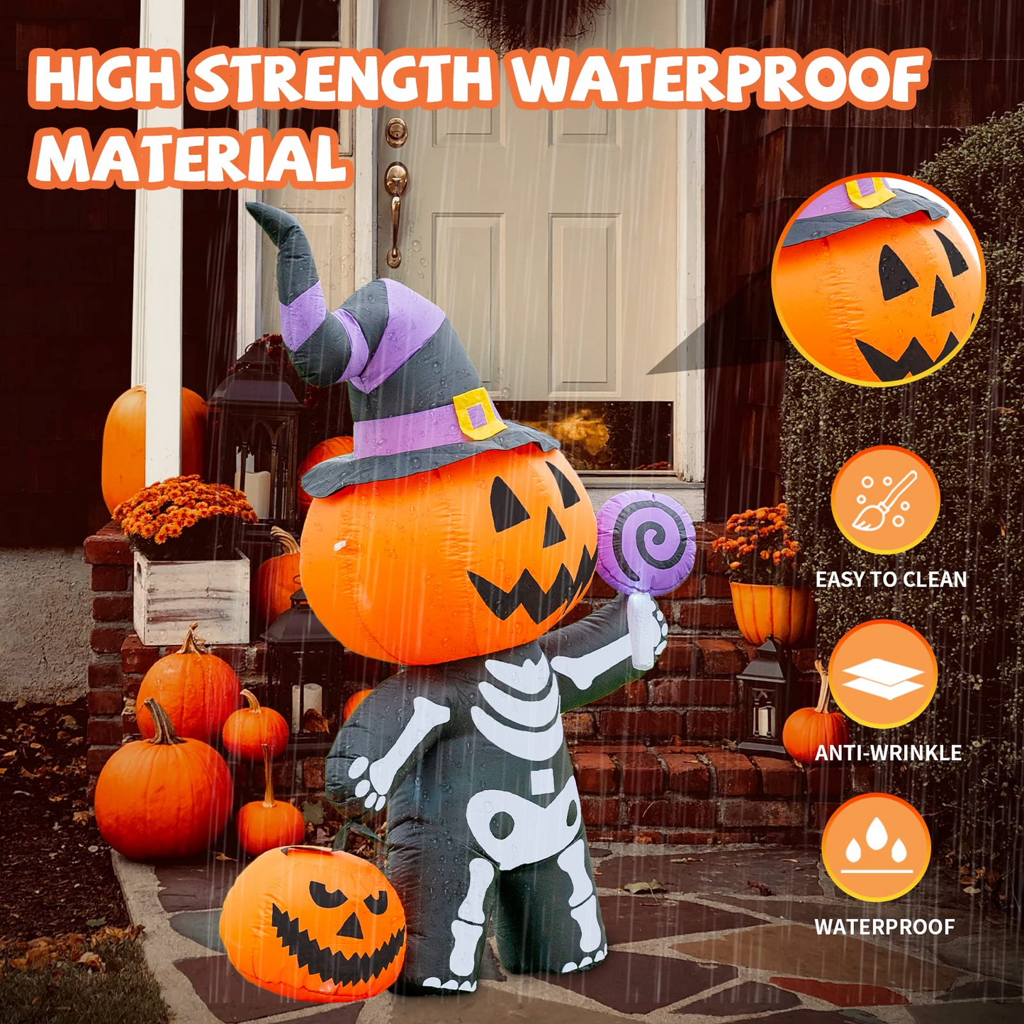 GOOSH 6 FT Height Halloween Inflatable Outdoor Pumpkin with Skull Body, Blow Up Yard Decoration Clearance with LED Lights Built-in for Holiday/Party/Yard/Garden