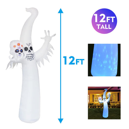 GOOSH 12 FT Halloween Inflatables Smiling Spooky Ghost with Magic Rotating Light Blow Up Inflatable for Halloween day of the dead Party Indoor Outdoor Yard, Garden