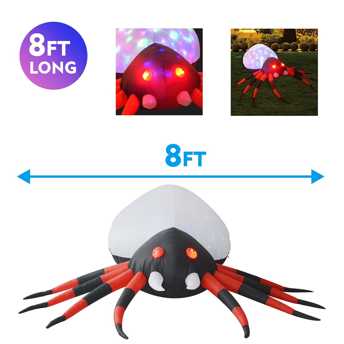 GOOSH 8 FT Width Halloween Inflatables Outdoor Spider with Magic Light, Blow Up Yard Decoration Clearance with LED Lights Built-in for Holiday/Party/Yard/Garden