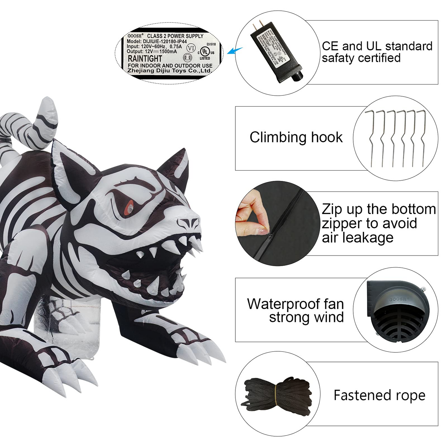 GOOSH 5 FT Length Halloween Inflatables Outdoor Skeleton Dog with Flashing Lights, Blow Up Yard Decoration Clearance with LED Lights Built-in for Holiday/Christmas/Party/Yard/Garden