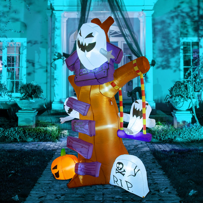 GOOSH 8 FT Height Halloween Inflatables Outdoor Ghost Tree with Ghost Pumpkin & Tombstone, Blow Up Yard Decoration Clearance with LED Lights Built-in for Holiday/Christmas/Party/Yard/Garden