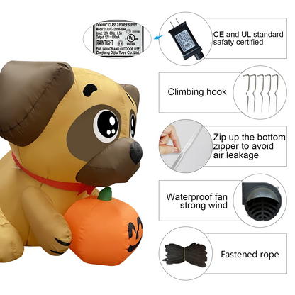 GOOSH 5 FT Halloween Inflatables Dog Outdoor Yard Decorations Blow Up Pug Holding Pumpkin with Built-in LEDs for Indoor Party Garden Lawn Decor