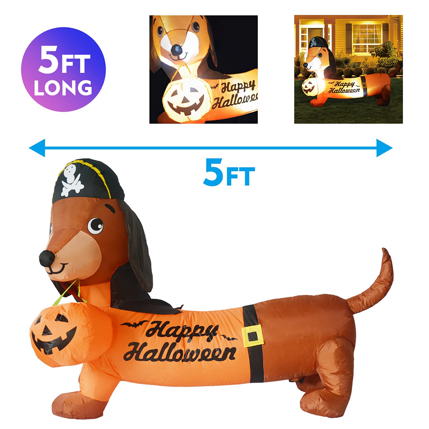 GOOSH 5 FT Halloween Inflatable Outdoor Dog with a Pumpkin & Pirate Hat, Blow Up Yard Decoration Clearance with LED Lights Built-in for Holiday/Party/Yard/Garden