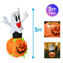 Load image into Gallery viewer, GOOSH 5 FT Tall Halloween Inflatable Cute Ghost Pumpkin with Witch Hat with Build-in LEDs Blow Up for Halloween Party Decorations Halloween Indoor Outdoor
