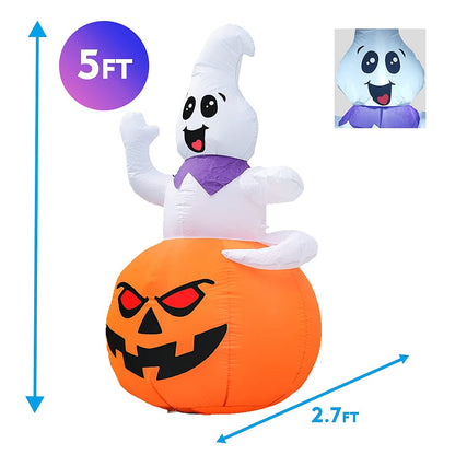 GOOSH 5 FT Halloween Inflatable Outdoor Ghost Sitting on The Pumpkin, Blow Up Yard Decoration Clearance with LED Lights Built-in for Holiday/Party/Yard/Garden