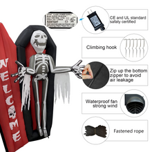 Load image into Gallery viewer, Halloween Inflatable 6FT Coffin Skeleton Skull with Built-in LEDs Blow Up Yard Decoration for Holiday Party Indoor, Outdoor, Yard, Garden, Lawn
