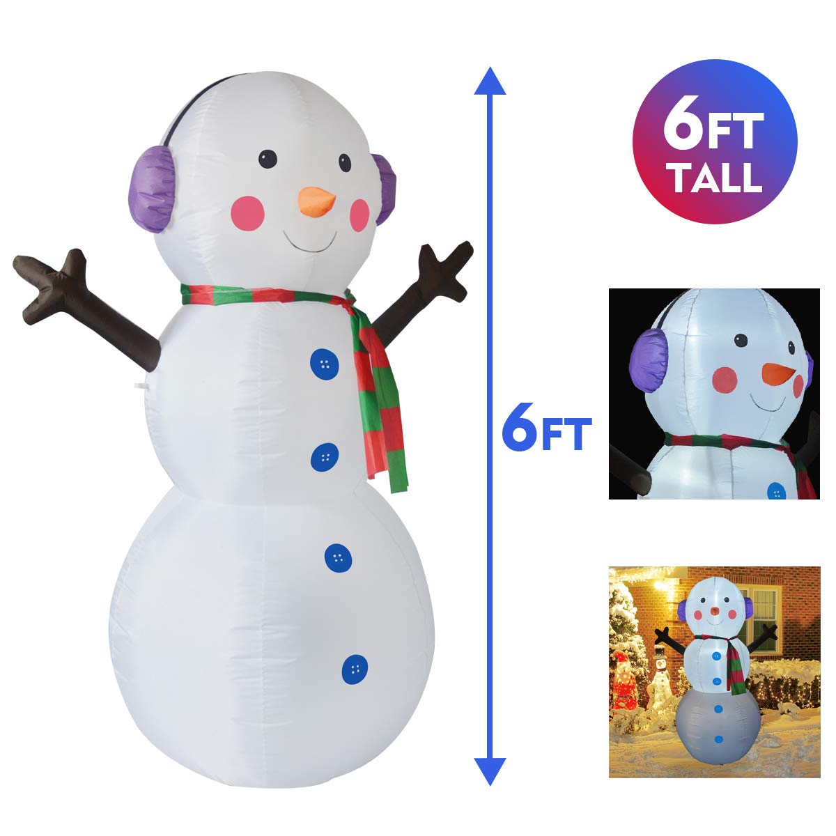 GOOSH 6 FT Christmas Inflatable Outdoor Snowman with Earbuds, Blow Up Yard Decoration Clearance with LED Lights Built-in for Holiday/Party/Xmas/Yard/Garden