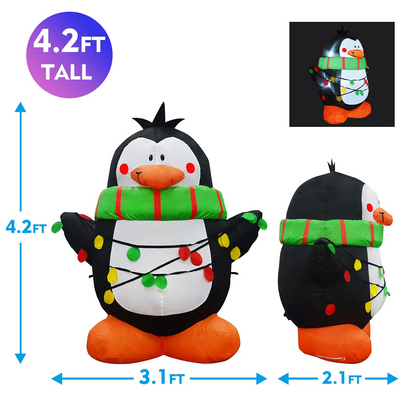 GOOSH 4.2 FT Height Christmas Inflatables Outdoor Penguin Wearing Green Scarf, Blow Up Yard Decoration Clearance with LED Lights Built-in for Holiday/Christmas/Party/Yard/Garden