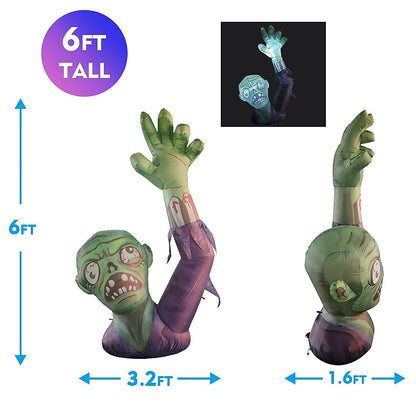 GOOSH 6 Feet High Halloween Inflatable Terror Green Zombies Raise Hands Blow Up Yard Decoration Clearance with LED Lights Built-in for Holiday/Party/Yard/Garden
