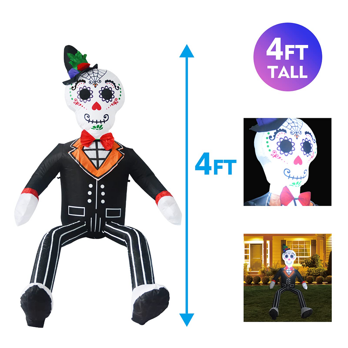 GOOSH 4 FT Halloween Inflatable Gentleman Sitting Ghost Curved Legs with LED Lights Built-in for Holiday Day of The Dead Party Yard Garden