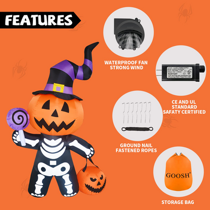 GOOSH 6 FT Height Halloween Inflatable Outdoor Pumpkin with Skull Body, Blow Up Yard Decoration Clearance with LED Lights Built-in for Holiday/Party/Yard/Garden