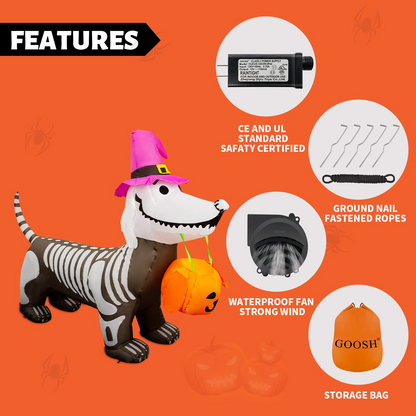 GOOSH 5Ft Halloween Inflatables Outdoor Decorations Skeleton Puppy Inflatable Yard Decoration with Build-in LEDs Blow Up Pumpkin for Halloween Party Indoor Outdoor Yard Garden