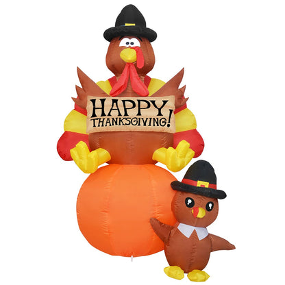 GOOSH 6 FT Thanksgiving Inflatables Turkey Outdoor Decorations Blow Up Yard Turkey on Pumpkin with Turkey Baby with Built-in LEDs for Indoor Party Garden Lawn Decor
