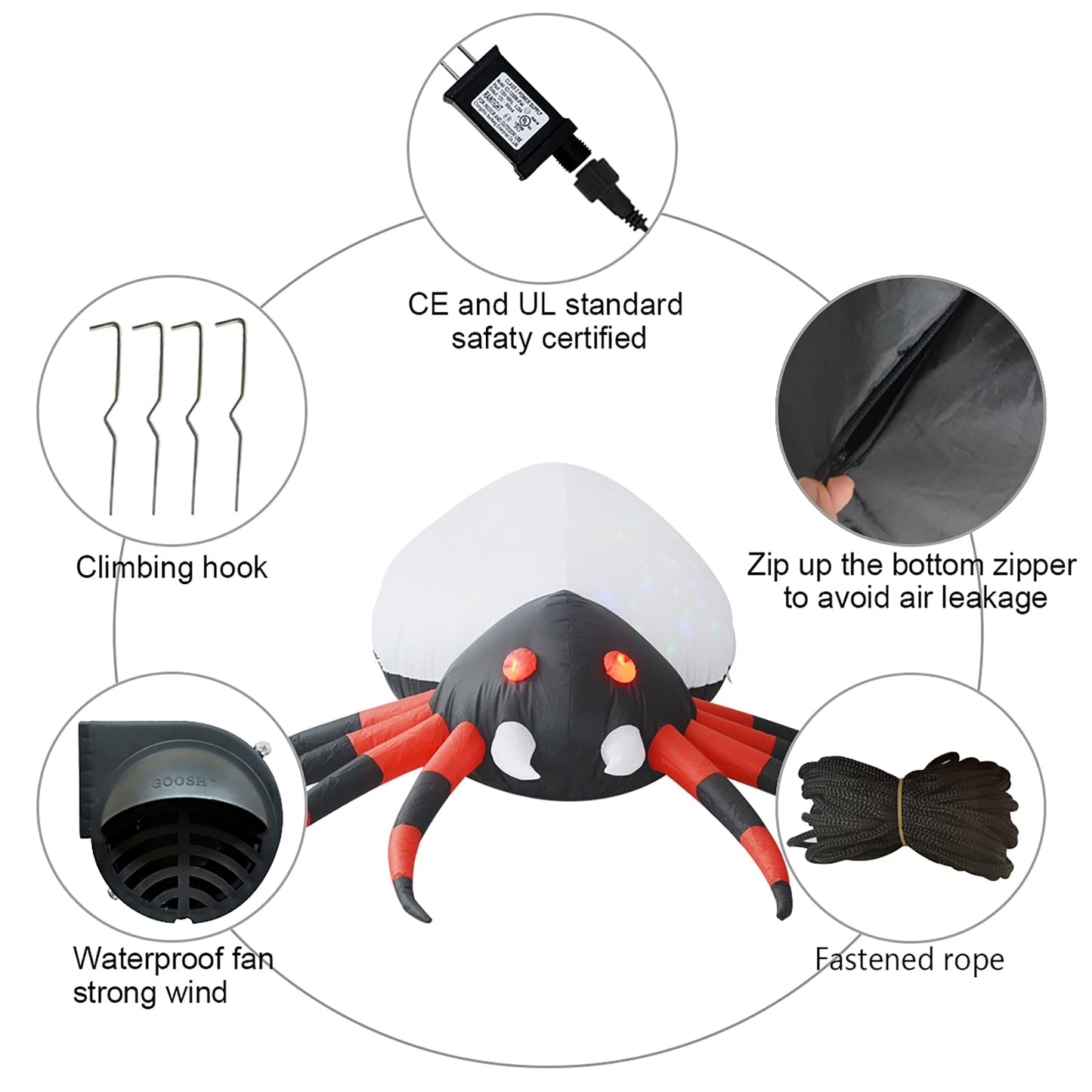 GOOSH 8 FT Width Halloween Inflatables Outdoor Spider with Magic Light, Blow Up Yard Decoration Clearance with LED Lights Built-in for Holiday/Party/Yard/Garden