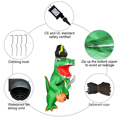 GOOSH 7 FT Halloween Inflatables Dinosaur Outdoor Decorations Blow Up Yard Pirate Dinosaur with Pumpkin Decoration with Built-in LEDs for Indoor Party Garden Lawn Decor
