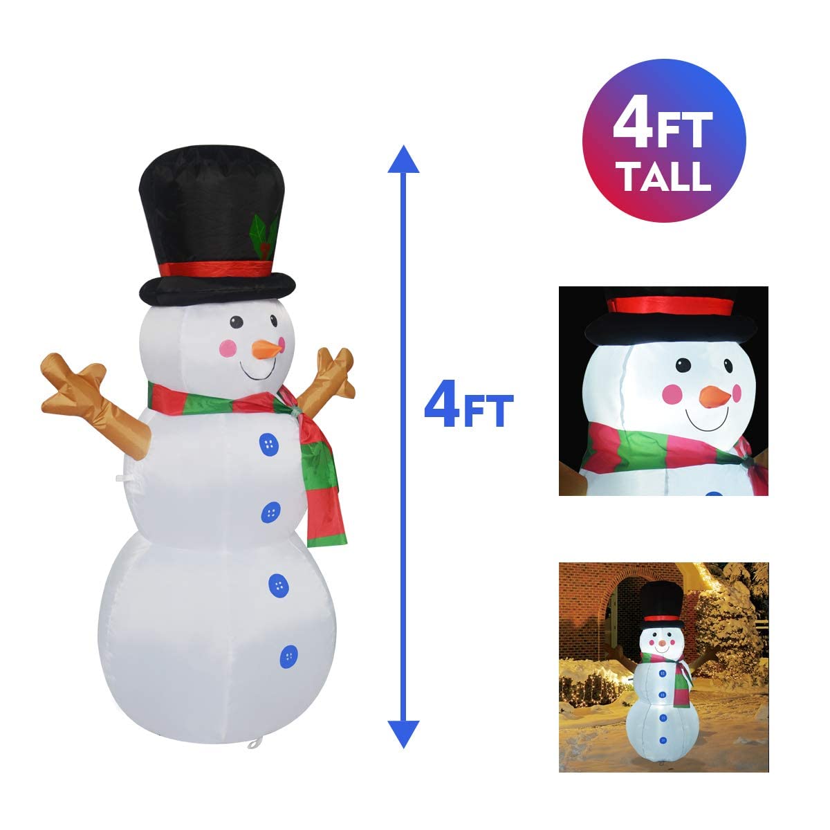 GOOSH 4 FT Height Christmas Inflatable Outdoor Snowman with Top Hat, Blow Up Yard Decoration Clearance with LED Lights Built-in for Holiday/Party/Xmas/Yard/Garden(12pcs/case)