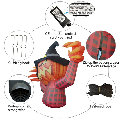 GOOSH 5.5 FT Height Halloween Inflatables Pumpkin Ghost with Witch Wizard hat, Blow Up Yard Clearance Decoration with Built-in LED Lights for Indoor/Outdoor Holiday/Party/Yard/Garden