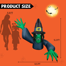 Load image into Gallery viewer, GOOSH 5 FT Height Halloween Inflatables Green Face Witch with Wizard hat, Blow Up Yard Decoration Clearance with LED Lights Built-in for Holiday/Party/Yard/Garden
