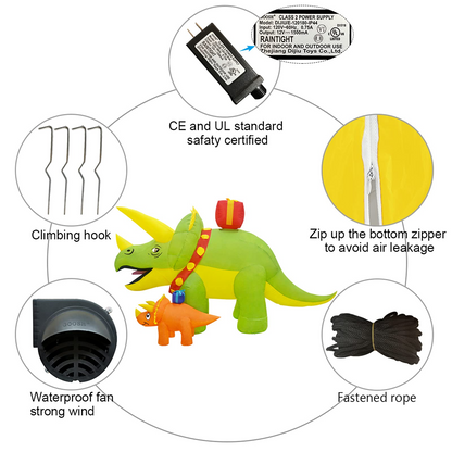 GOOSH 7.5 FT Length Christmas Inflatables Dinosaur Outdoor Decorations Blow Up Green Triceratops with Baby Dino Yard Decorations with Built-in LED Lights for Garden Lawn Outdoor Yard Xmas