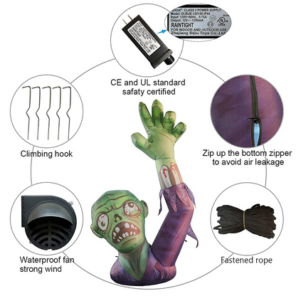 GOOSH 6 Feet High Halloween Inflatable Terror Green Zombies Raise Hands Blow Up Yard Decoration Clearance with LED Lights Built-in for Holiday/Party/Yard/Garden