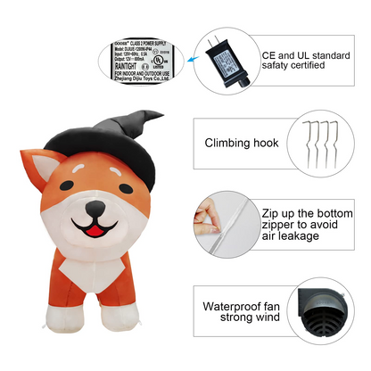 GOOSH 4 FT Halloween Inflatables Dog Outdoor Decorations Blow Up Yard Wizard Shiba Inu Dog with Built-in LEDs for Indoor Party Garden Lawn Decor