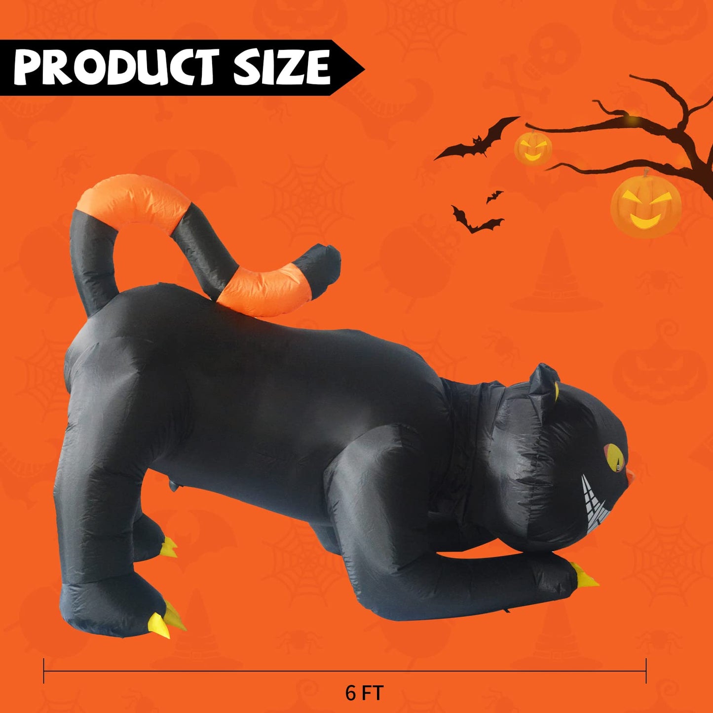 GOOSH 6 FT Halloween Inflatables Outdoor Black Cat with Fangs, Blow Up Yard Decoration Clearance with LED Lights Built-in for Holiday/Party/Yard/Garden