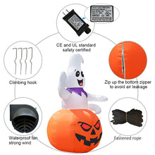 Load image into Gallery viewer, GOOSH 5 FT Halloween Inflatable Outdoor Ghost Sitting on The Pumpkin, Blow Up Yard Decoration Clearance with LED Lights Built-in for Holiday/Party/Yard/Garden
