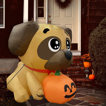 GOOSH 5 FT Halloween Inflatables Dog Outdoor Yard Decorations Blow Up Pug Holding Pumpkin with Built-in LEDs for Indoor Party Garden Lawn Decor