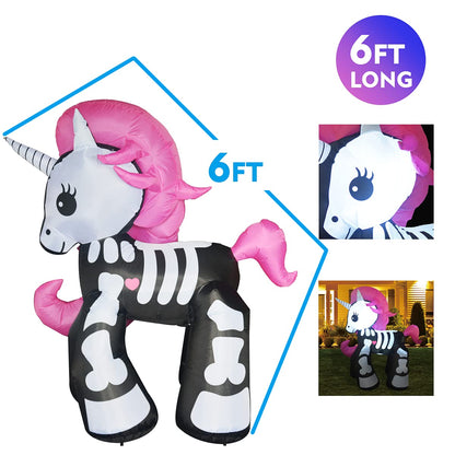 GOOSH 6FT Height Halloween Inflatables Outdoor Skeleton Unicorn, Blow Up Yard Decoration Clearance with LED Lights Built-in for Holiday/Party/Yard/Garden